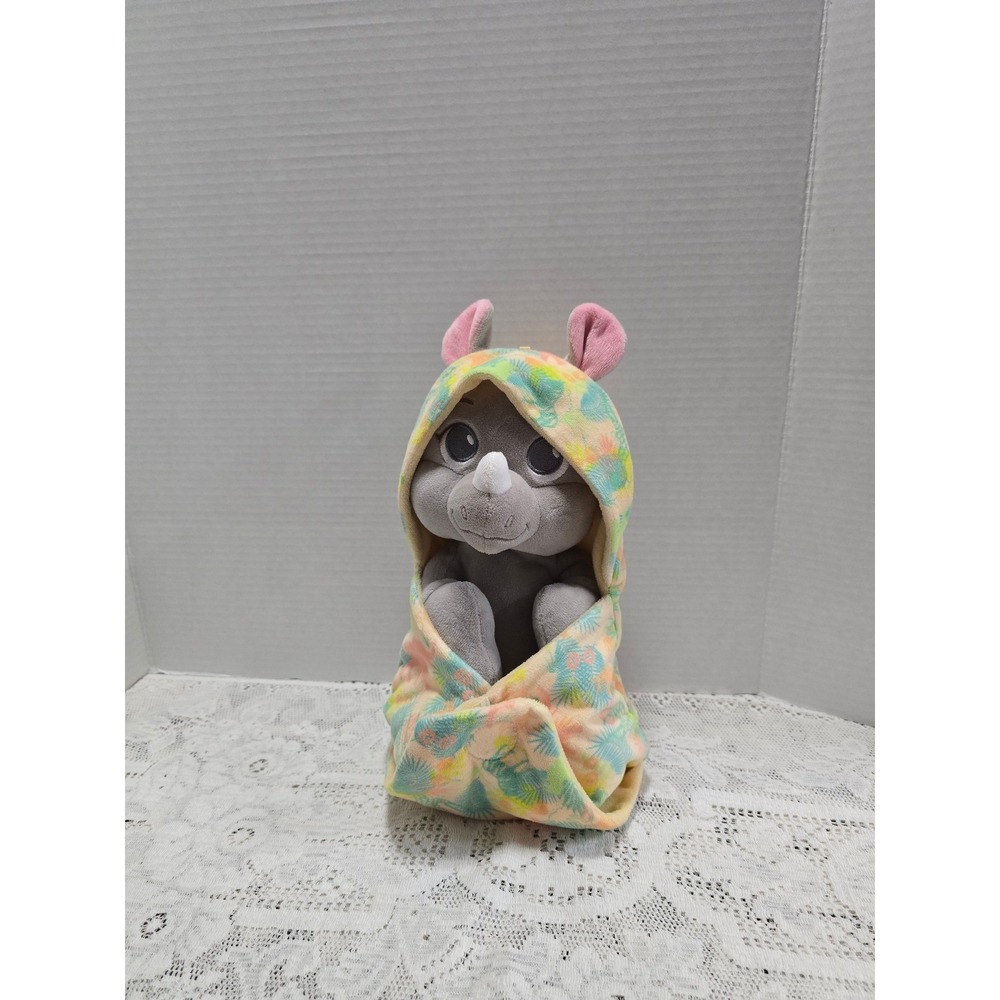 Disney Parks Babies Rhino Plush with Tropical Swaddle Blanket Grey Rhinoceros